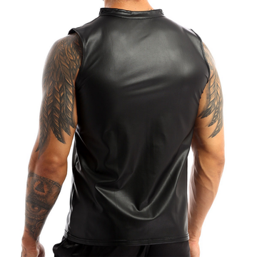 Black Wet Look Faux Leather Tank Top / Round Neck Zipper Vest / Men's Sexy Outfits - EVE's SECRETS
